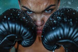 ai genererad generativ ai, kvinna Träning boxning bär boxning handskar, kvinna boxare foto