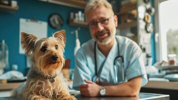 ai genererad generativ ai, söt små hund varelse undersökt förbi professionell veterinär i veterinär klinik foto