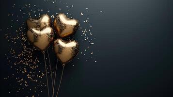 ai genererad generativ ai, folie gyllene ballonger i hjärta form och konfetti för hjärtans dag eller bröllop med kopia Plats foto
