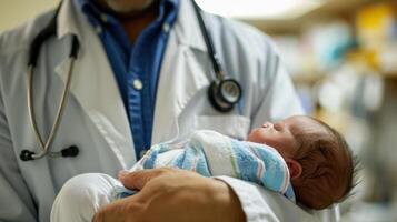 ai genererad generativ ai, barnläkare läkare innehav en nyfödd bebis i sjukhus, begrepp av förlossning och sjukvård yrkesverksamma foto