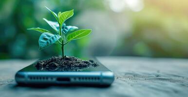 ai genererad generativ ai, växt växande från de smartphone skärm. ekologi och miljö begrepp foto