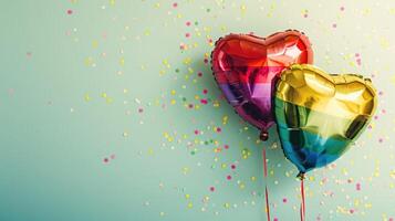 ai genererad generativ ai, folie HBTQ regnbåge flagga färger ballonger i hjärta form och konfetti för hjärtans dag eller bröllop med kopia Plats foto