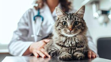 ai genererad generativ ai, söt katt varelse undersökt förbi professionell veterinär i veterinär klinik foto