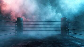 ai genererad generativ ai, professionell boxning ringa med spotlights och smokey bakgrund, krigisk konst sport foto