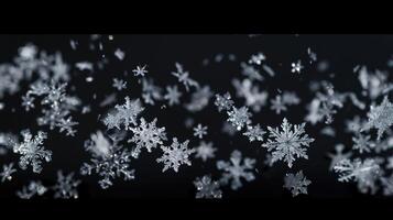 ai genererad snöflinga närbild på mörk snöig bakgrund, vinter- snöfall foto