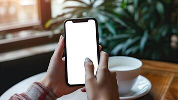 ai genererad kvinna hand innehav smart telefon mockup, kaffe affär scen, vit tom skärm foto