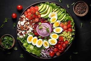 ai genererad en tallrik med en sallad med ägg, tomater, avokado och Övrig grönsaker foto