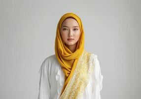 ai genererad asiatisk modell i vit kebaya och gul hijab foto