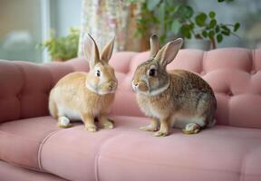 ai genererad påsk kaniner avkopplande på en rosa soffa foto