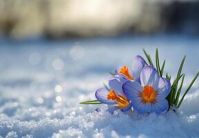 ai genererad blå krokus blomning på snöig vit foto