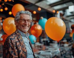 ai genererad glad senior man i elegant klädsel med ballonger på nördar fest foto