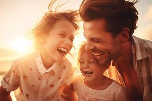 ai genererad Lycklig familj mor, far, barn son och dotter spelar tillsammans och löpning tillbaka på natur på solnedgång foto