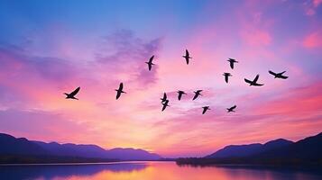 ai genererad silhuett av flygande seagulls på solnedgång himmel bakgrund foto