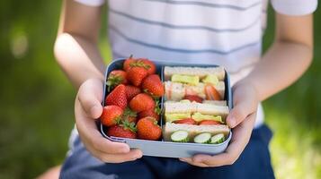 ai genererad friska skola lunch låda i de händer av en liten pojke. foto