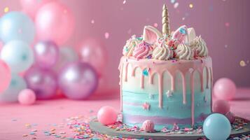 ai genererad födelsedag enhörning kaka med kondles, ballonger, konfetti på minimalistisk levande bakgrund med kopia Plats foto
