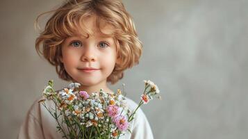 ai genererad pojke med blomma bukett för mor på minimalistisk bakgrund med kopia Plats foto