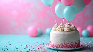 ai genererad födelsedag barnslig kaka med kondles, ballonger, konfetti på minimalistisk levande bakgrund med kopia Plats foto