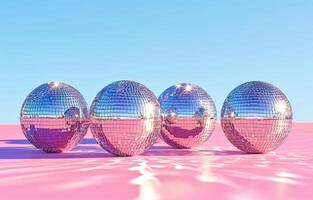 ai genererad fem speglad disko bollar på en rosa yta foto