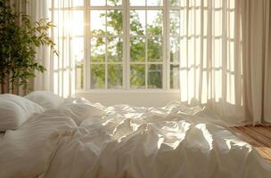 ai genererad en stor säng med vit Linné och en stor fönster foto