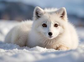 ai genererad porträtt av söt liten bebis vit arktisk räv i de snö, djur- bakgrund, tapet foto