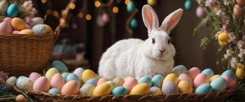 ai genererad Lycklig påsk bakgrund med påsk ägg och söt kanin, festlig säsong- mall, baner, kopia Plats text foto