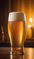 ai genererad öl i glas i en bar med bokeh bakgrund foto
