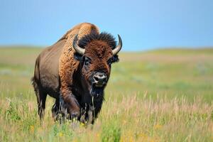 ai genererad vild amerikan bison tjur stående i gräs- prärie. foto