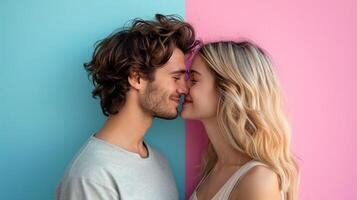 ai genererad Lycklig kyssar par på minimalistisk levande bakgrund med kopia Plats foto