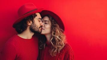 ai genererad Lycklig kyssar par på minimalistisk levande bakgrund med kopia Plats foto