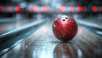 ai genererad en bowling boll är varelse träffa från Bakom förbi en röd boll foto