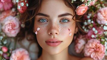 ai genererad närbild porträtt av skön ung brunett kvinna med blommor foto