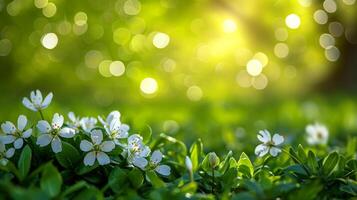 ai genererad vår annons naturlig nackground med blommor, bokeh lampor och kopia Plats foto