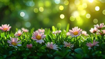 ai genererad vår annons naturlig nackground med blommor, bokeh lampor och kopia Plats foto