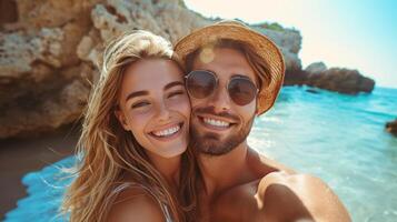 ai genererad ung Lycklig man kissing och kramas skön kvinna medan tar selfie Foto på solig strand