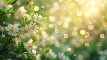 ai genererad vår annons naturlig nackground med blommor, bokeh lampor och kopia Plats foto