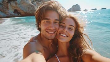 ai genererad ung Lycklig man kissing och kramas skön kvinna medan tar selfie Foto på solig strand