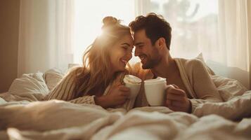 ai genererad ung kärleksfull par i de säng med COP av kaffe. mjuk och ljus färger. kopia Plats foto