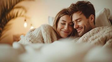 ai genererad ung kärleksfull par i de säng med COP av kaffe. mjuk och ljus färger. kopia Plats foto