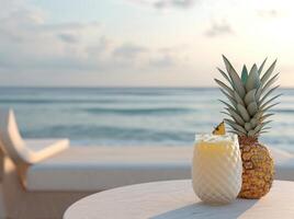 ai genererad en ananas cocktail på en tabell på en strand foto