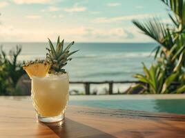 ai genererad en ananas cocktail på en tabell på en strand foto