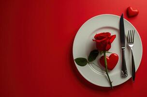 ai genererad en vit tallrik med röd reste sig, gaffel, kniv och en hjärta formad tallrik på röd bakgrund foto