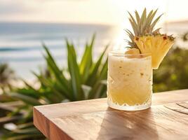 ai genererad en ananas cocktail på en tabell på en strand foto