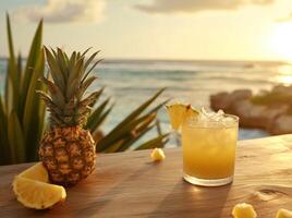 ai genererad en ananas cocktail på en tabell på en strand foto