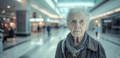 ai genererad ett äldre kvinna stående i ett tömma Lagra foto
