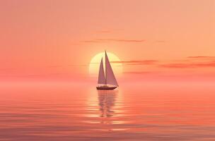ai genererad en segelbåt segling i de hav på solnedgång foto