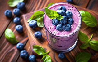 ai genererad blåbär smoothie med blåbär och basilika löv på trä- tabell foto