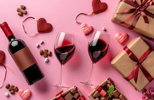 ai genererad fyra valentines gåvor med gåvor, vin och godis på rosa bakgrund foto