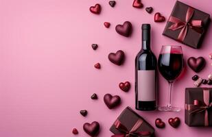 ai genererad fyra valentines gåvor med gåvor, vin och godis på rosa bakgrund foto