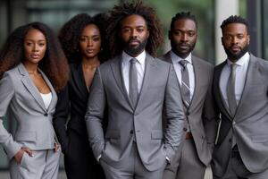ai genererad en grupp av företag afrikansk amerikaner i ett kontor kostym. de förvaltning team foto