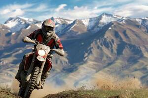 ai genererad ett utrustad motorcyklist gör en lopp i en bergig landskap. de begrepp av motorsport foto